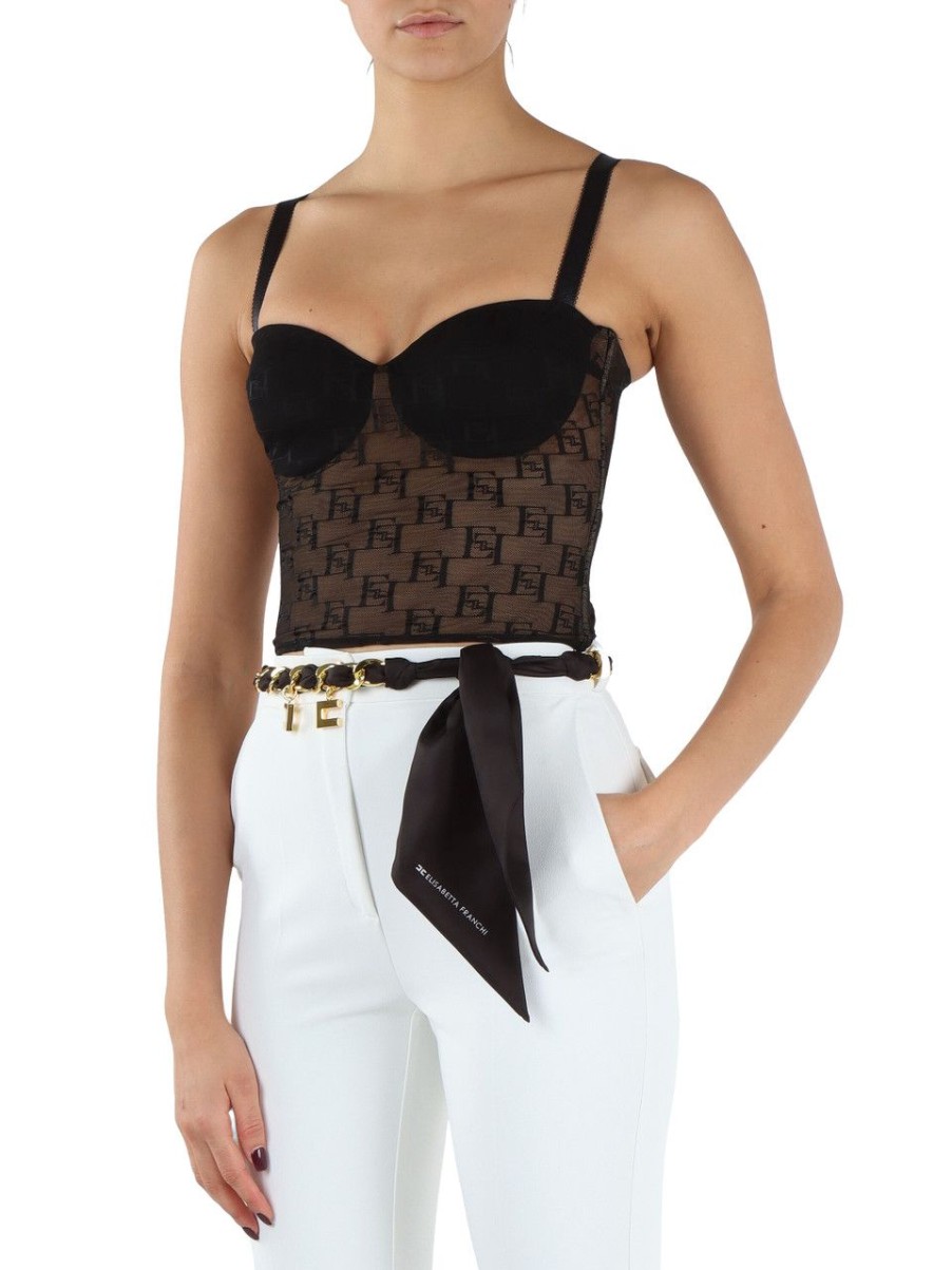 Donna ELISABETTA FRANCHI | Top Bustier In Tulle Con Ricamo Logo All Over Nero