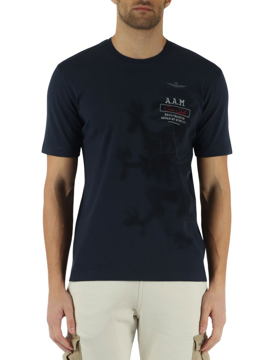 Uomo AERONAUTICA MILITARE | T-Shirt In Cotone Con Ricamo Logo Frontale Blu Scuro