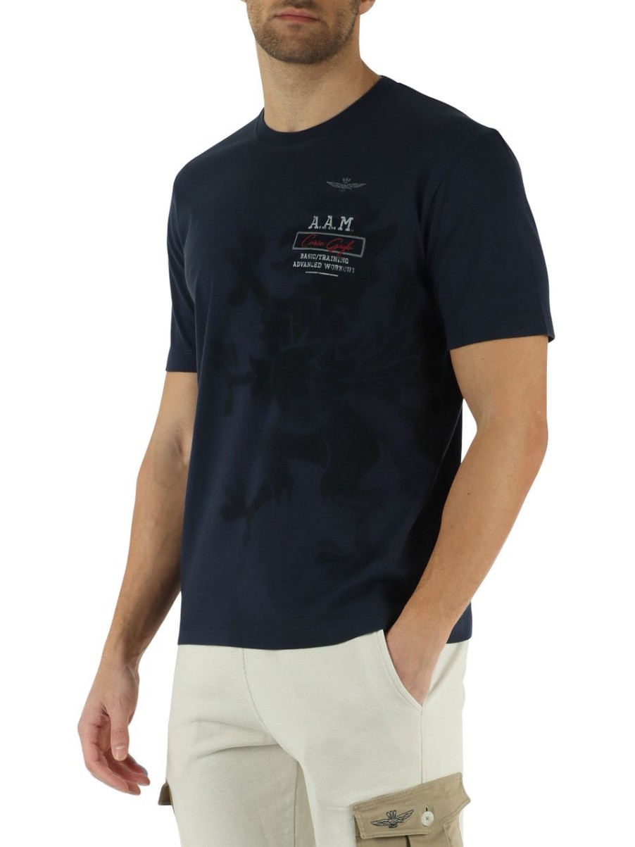 Uomo AERONAUTICA MILITARE | T-Shirt In Cotone Con Ricamo Logo Frontale Blu Scuro