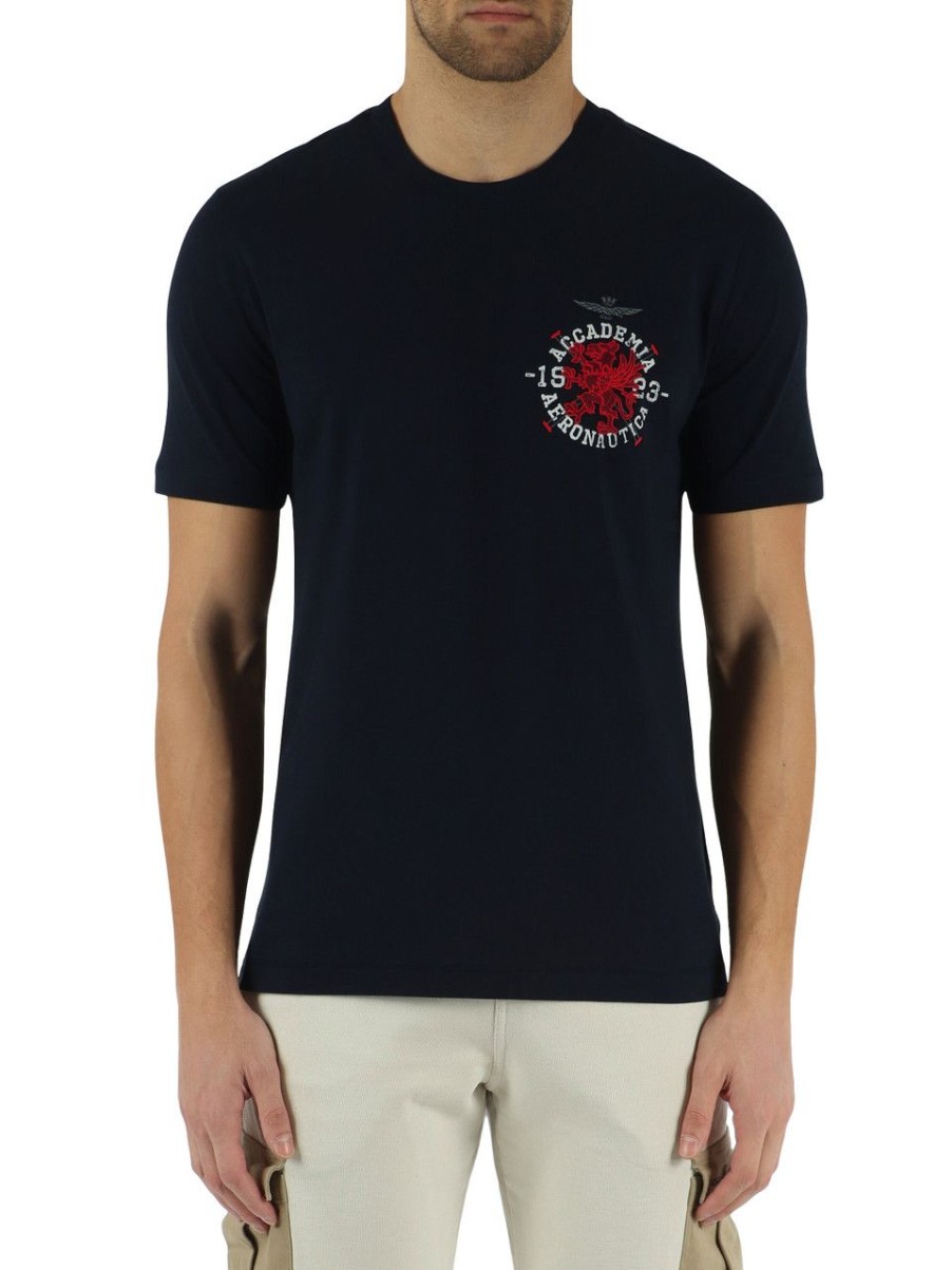 Uomo AERONAUTICA MILITARE | T-Shirt In Cotone Con Ricamo Logo Frontale Blu Scuro