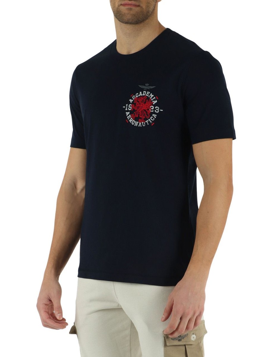 Uomo AERONAUTICA MILITARE | T-Shirt In Cotone Con Ricamo Logo Frontale Blu Scuro