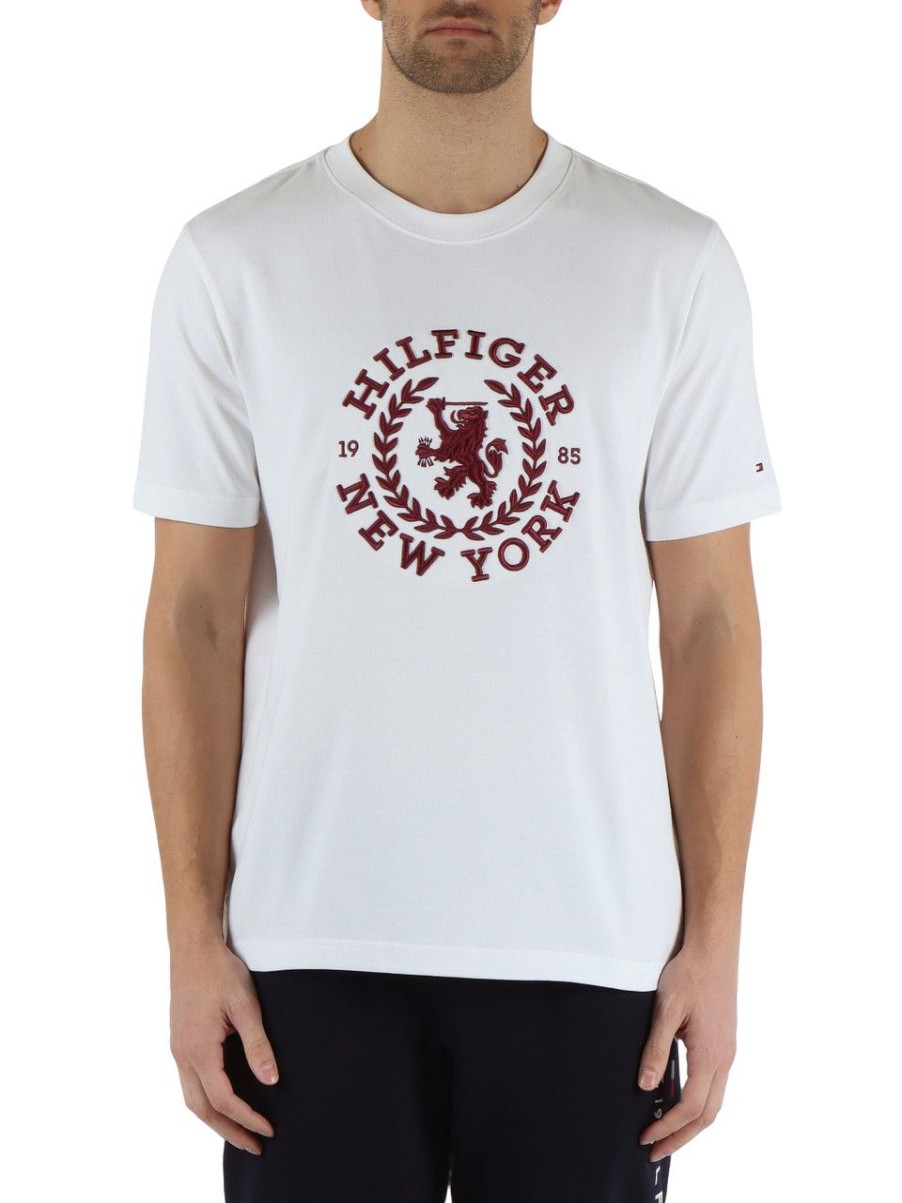 Uomo TOMMY HILFIGER | T-Shirt Regular Fit In Cotone Con Ricamo Logo Bianco