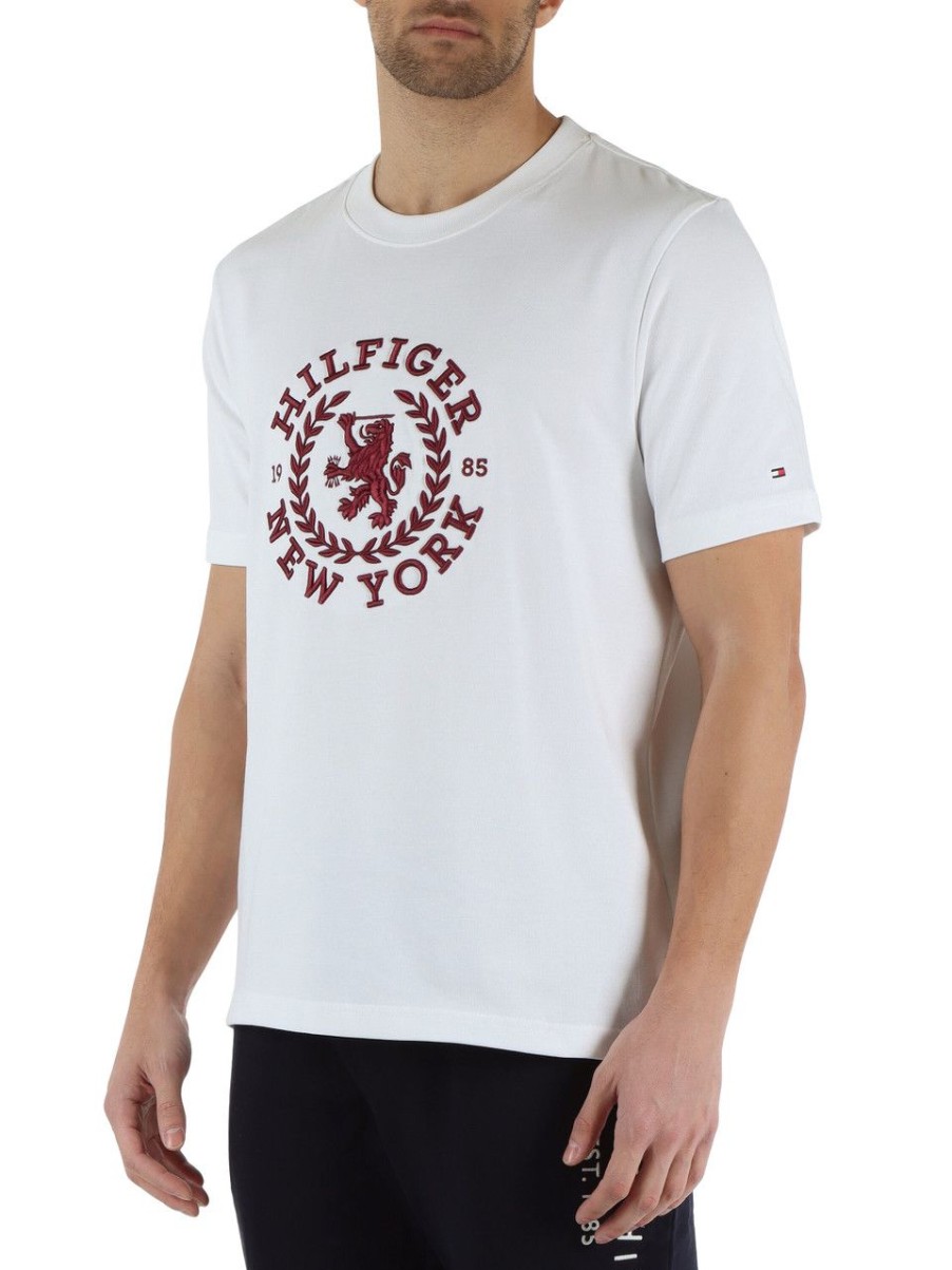 Uomo TOMMY HILFIGER | T-Shirt Regular Fit In Cotone Con Ricamo Logo Bianco