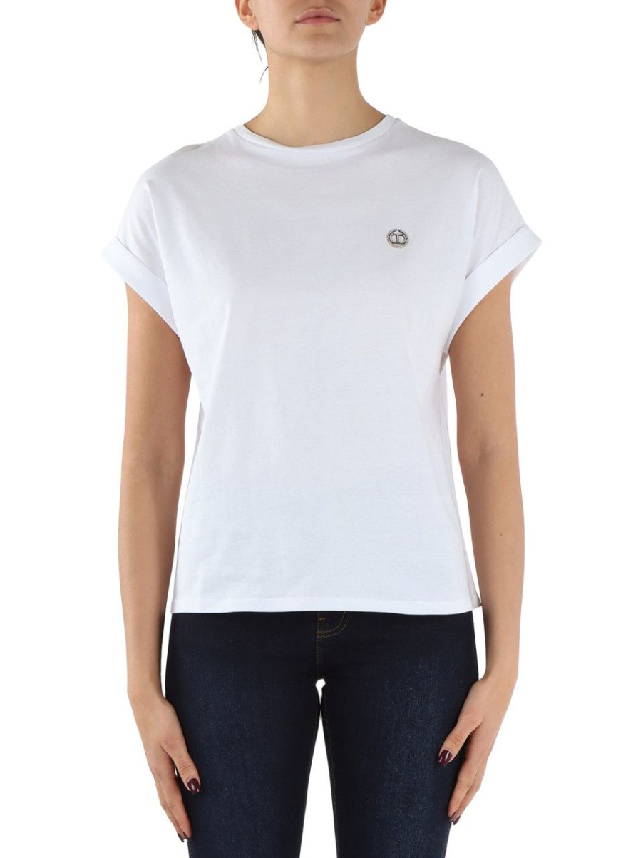 Donna TWINSET | T-Shirt In Cotone Con Placca Logo Frontale Bianco