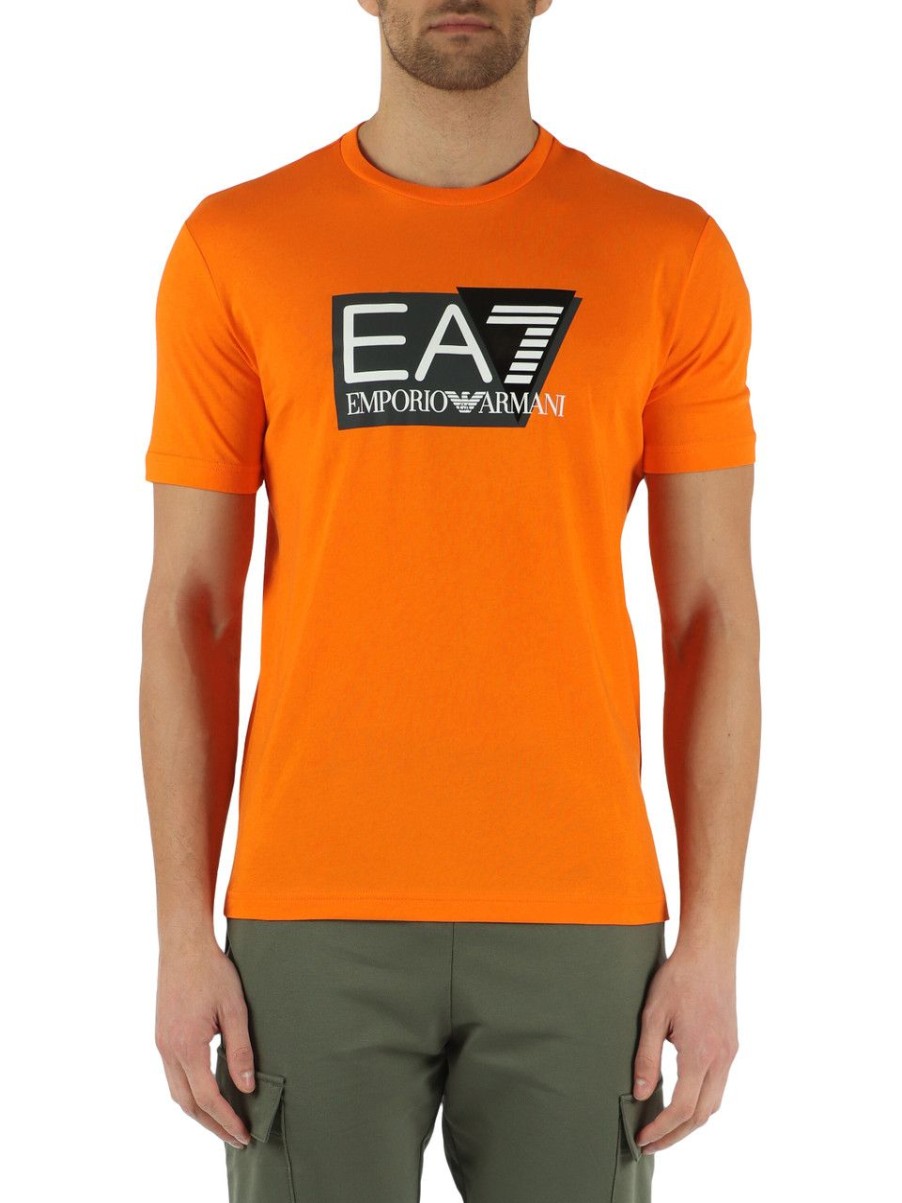 Uomo EA7 | T-Shirt In Cotone Con Stampa Logo Frontale Arancione