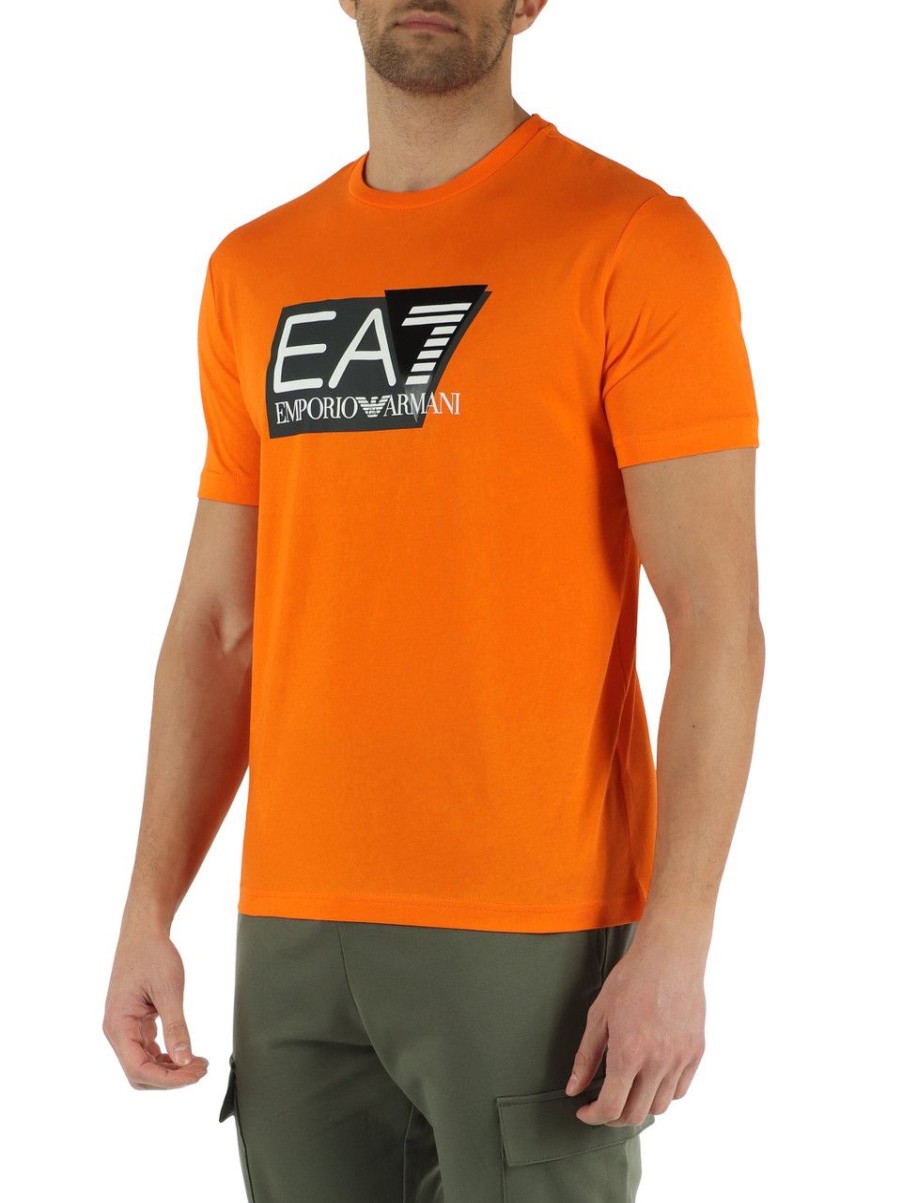 Uomo EA7 | T-Shirt In Cotone Con Stampa Logo Frontale Arancione