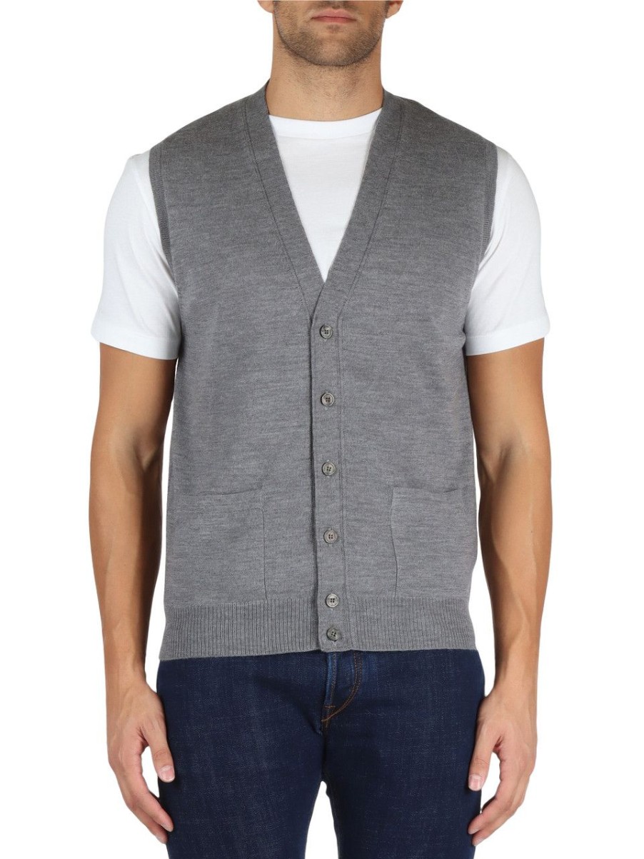 Uomo ALPHA STUDIO | Gilet Slim Fit In Lana Merino Extrafine Grigio