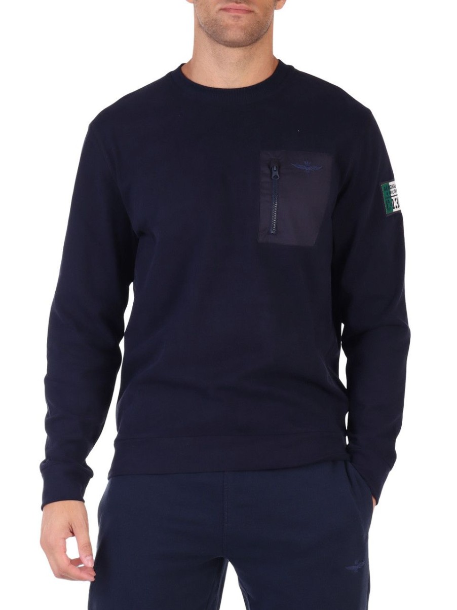 Uomo AERONAUTICA MILITARE | Felpa In Cotone Comfort Fit Con Taschino A Contrasto Blu