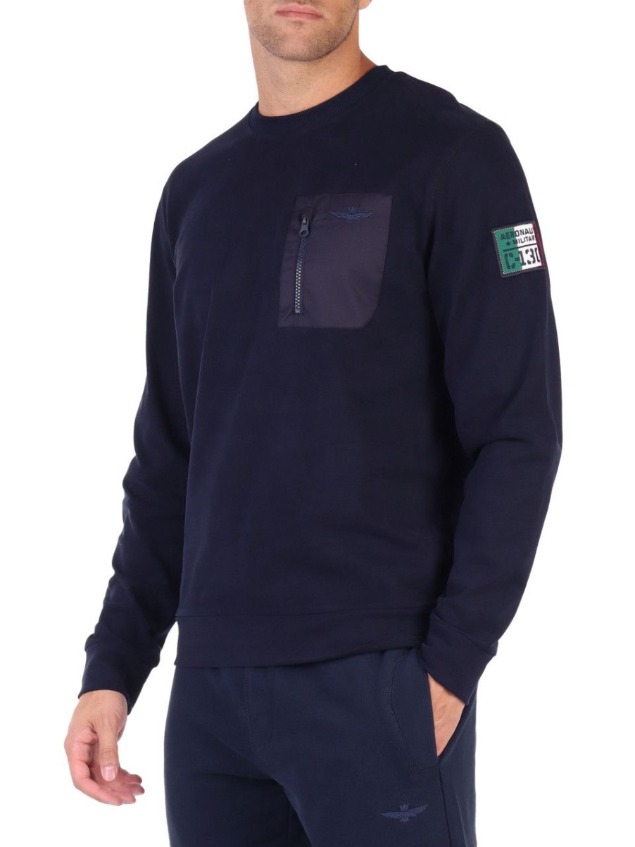 Uomo AERONAUTICA MILITARE | Felpa In Cotone Comfort Fit Con Taschino A Contrasto Blu