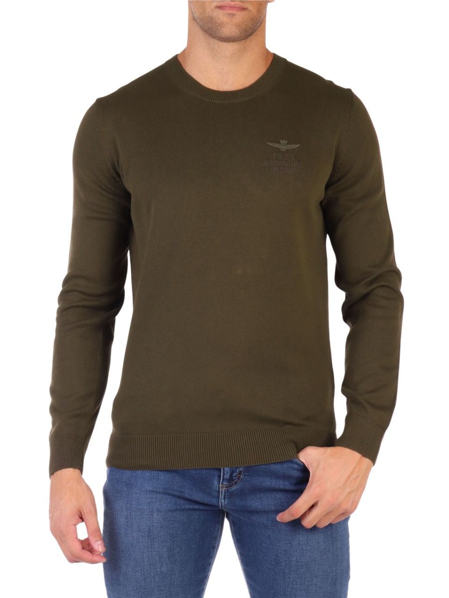 Uomo AERONAUTICA MILITARE | Maglia Girocollo In Cotone Con Ricamo Logo Frontale Verde