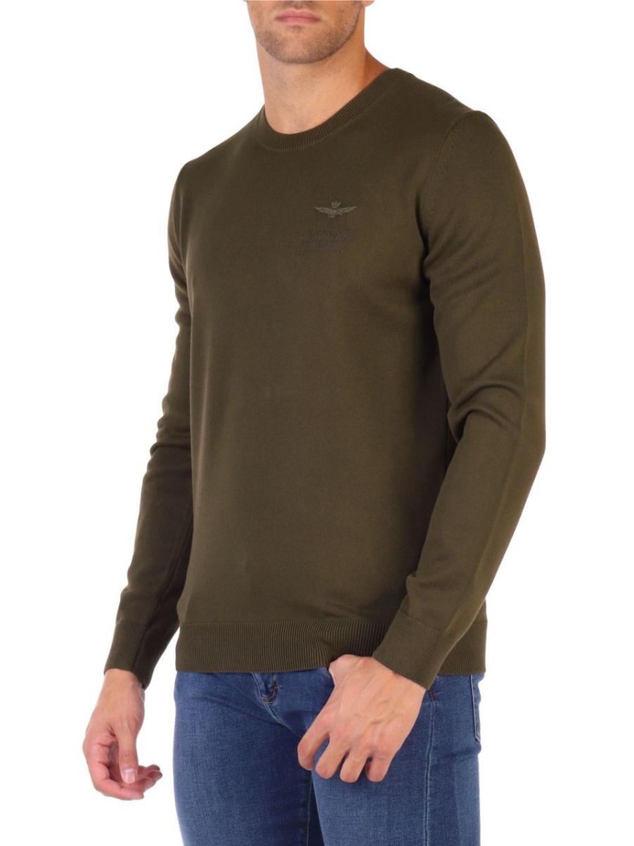 Uomo AERONAUTICA MILITARE | Maglia Girocollo In Cotone Con Ricamo Logo Frontale Verde