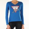 Donna GUESS | T-Shirt Maniche Lunghe In Cotone Con Stampa Logo Blu Chiaro