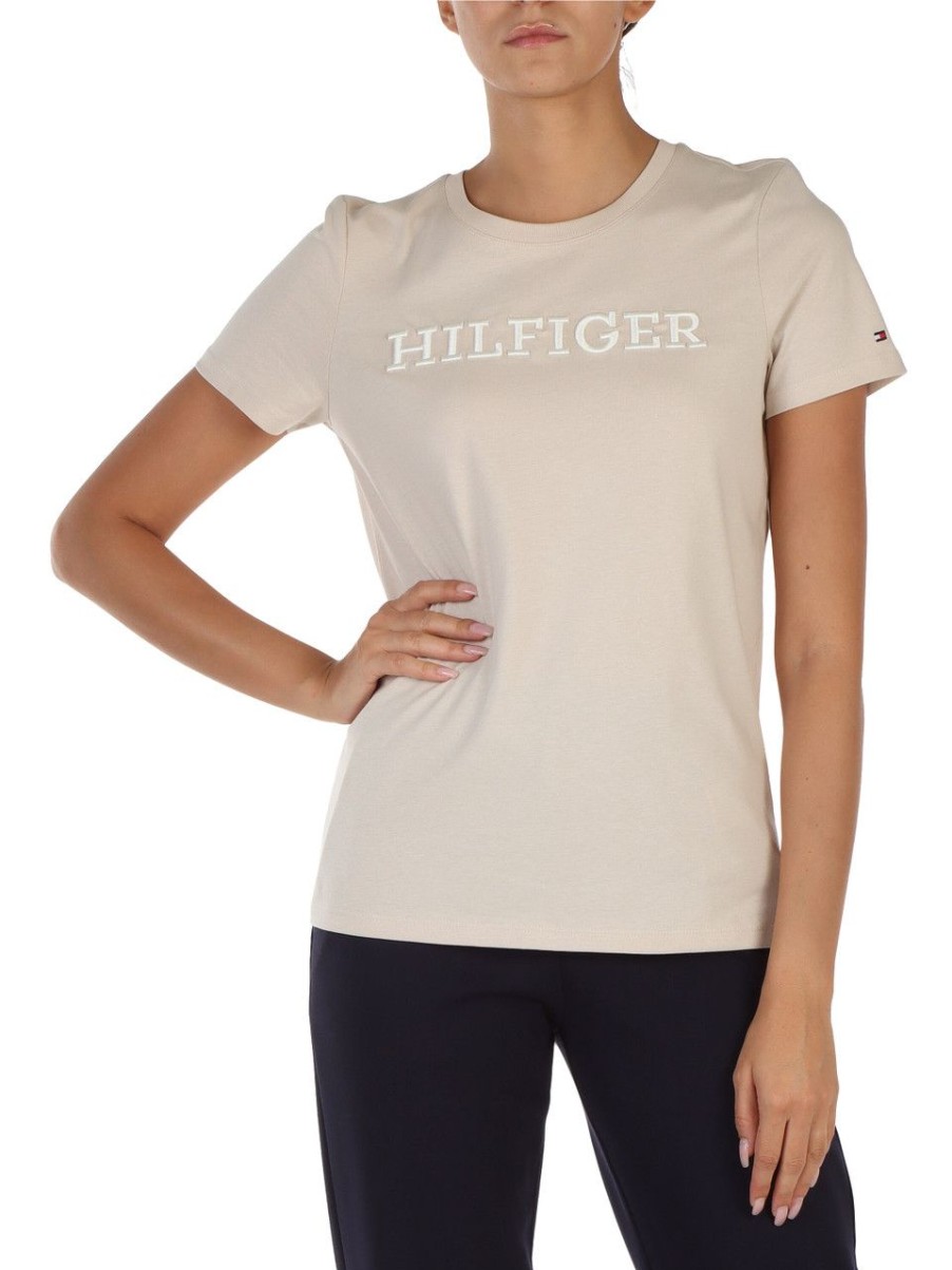 Donna TOMMY HILFIGER | T-Shirt In Cotone Con Ricamo Logo Frontale Beige