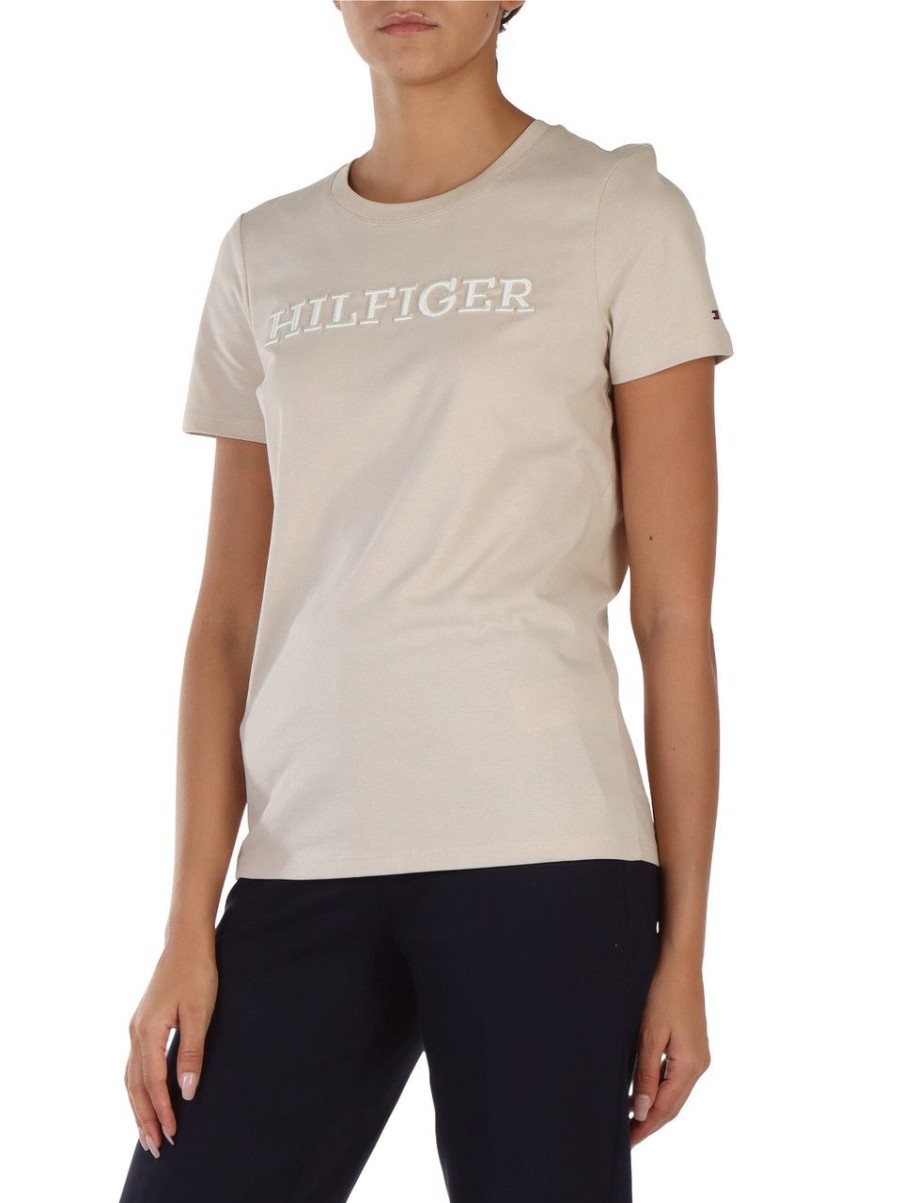 Donna TOMMY HILFIGER | T-Shirt In Cotone Con Ricamo Logo Frontale Beige