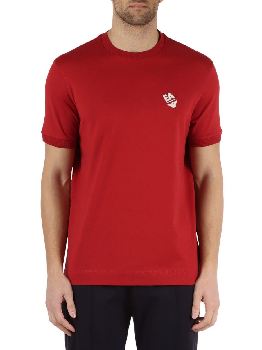 Uomo EMPORIO ARMANI | T-Shirt In Cotone Con Ricamo Logo Frontale Rosso Scuro