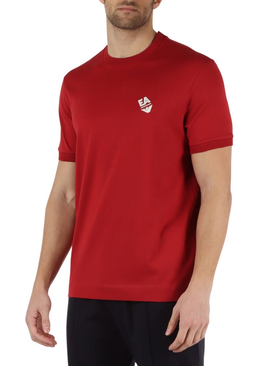 Uomo EMPORIO ARMANI | T-Shirt In Cotone Con Ricamo Logo Frontale Rosso Scuro