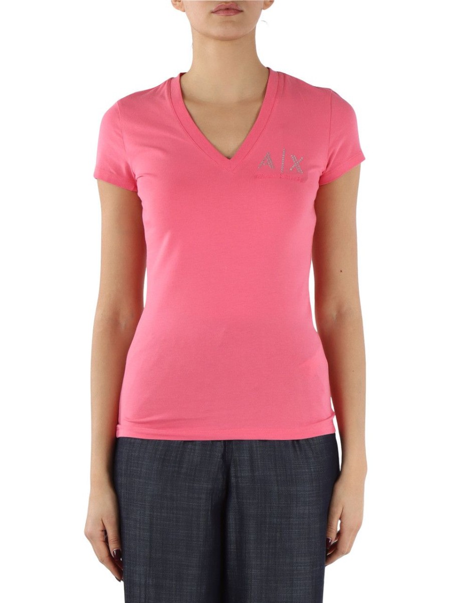 Donna ARMANI EXCHANGE | T-Shirt Collo A V In Cotone Stretch Rosa