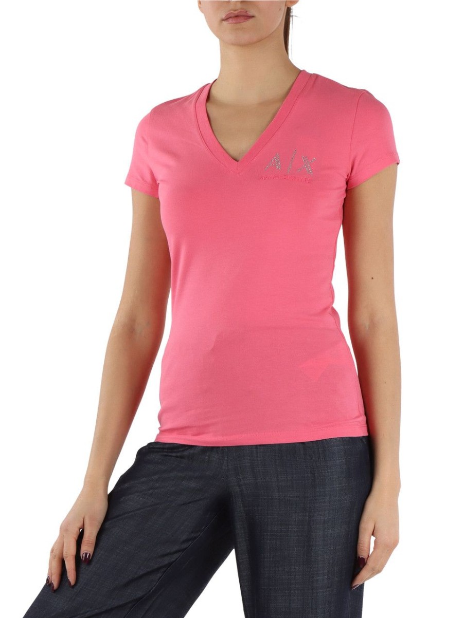 Donna ARMANI EXCHANGE | T-Shirt Collo A V In Cotone Stretch Rosa