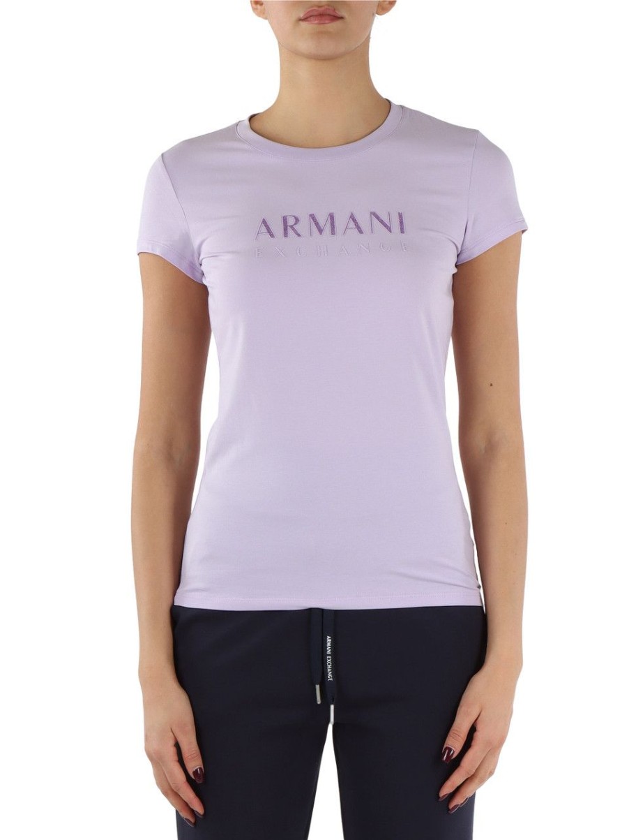 Donna ARMANI EXCHANGE | T-Shirt In Cotone Stretch Con Scritta Logo Gommata Viola Chiaro