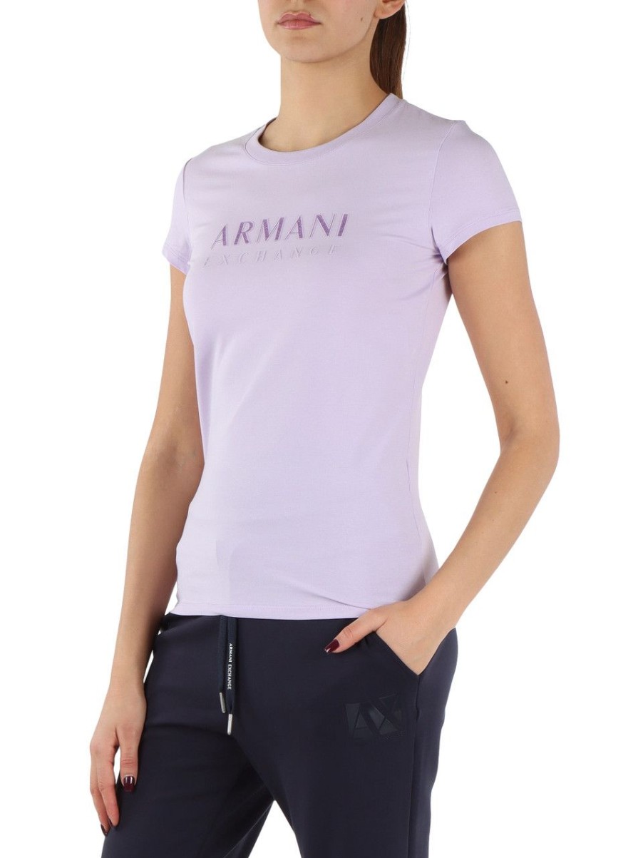 Donna ARMANI EXCHANGE | T-Shirt In Cotone Stretch Con Scritta Logo Gommata Viola Chiaro