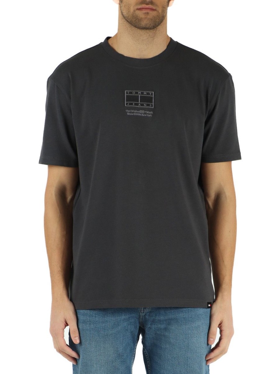 Uomo TOMMY JEANS | T-Shirt In Cotone Con Ricamo Logo Frontale Grigio Scuro