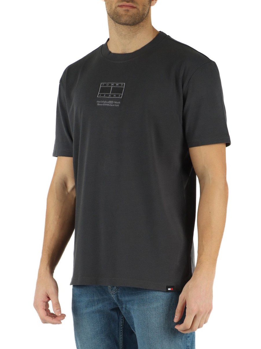 Uomo TOMMY JEANS | T-Shirt In Cotone Con Ricamo Logo Frontale Grigio Scuro