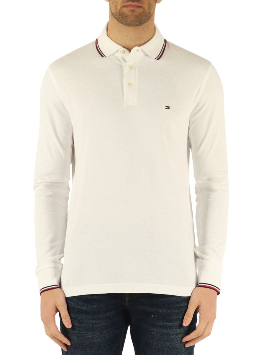 Uomo TOMMY HILFIGER | Polo Slim Fit A Maniche Lunghe In Cotone Piquet Stretch Bianco