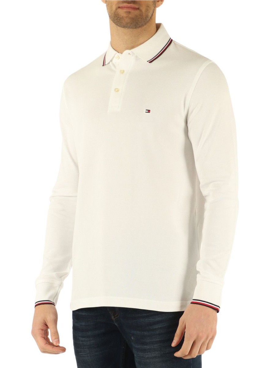 Uomo TOMMY HILFIGER | Polo Slim Fit A Maniche Lunghe In Cotone Piquet Stretch Bianco