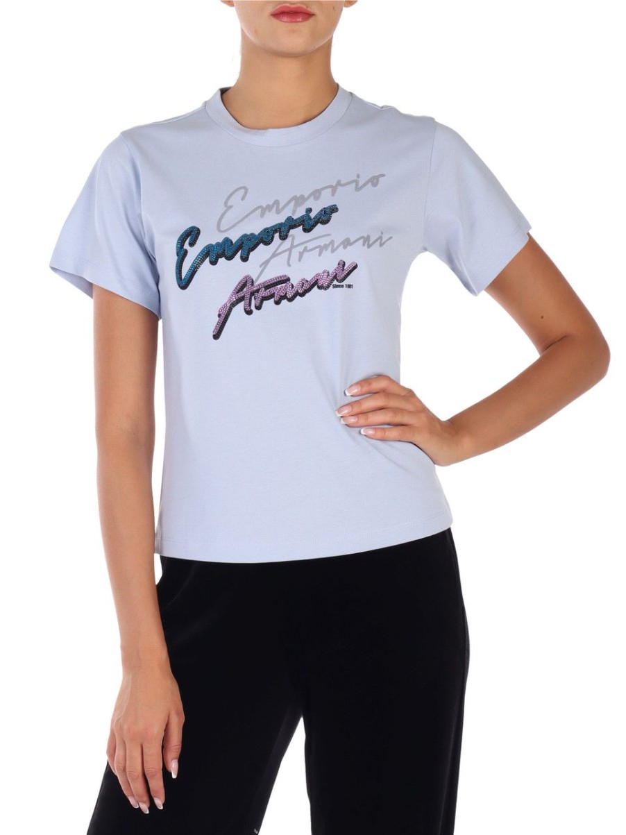 Donna EMPORIO ARMANI | T-Shirt In Cotone Con Scritta Logo In Strass Carta Da Zucchero