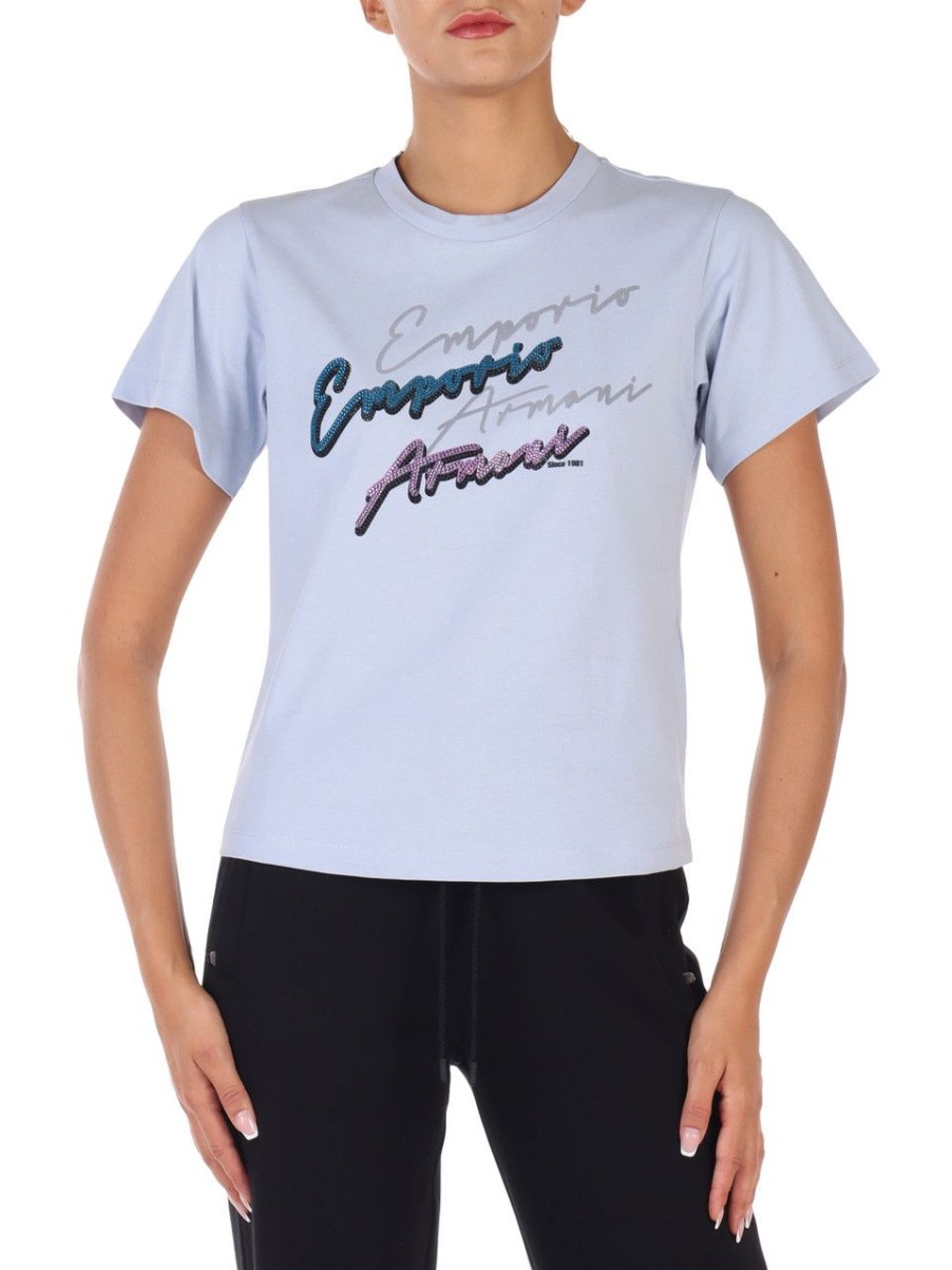 Donna EMPORIO ARMANI | T-Shirt In Cotone Con Scritta Logo In Strass Carta Da Zucchero