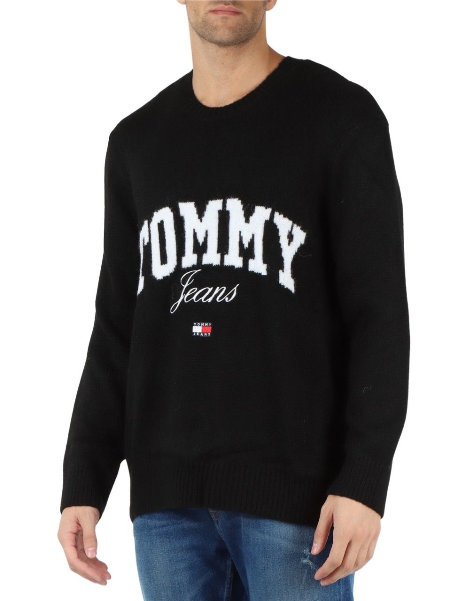 Uomo TOMMY JEANS | Maglia Girocollo Con Ricamo Logo Frontale Nero