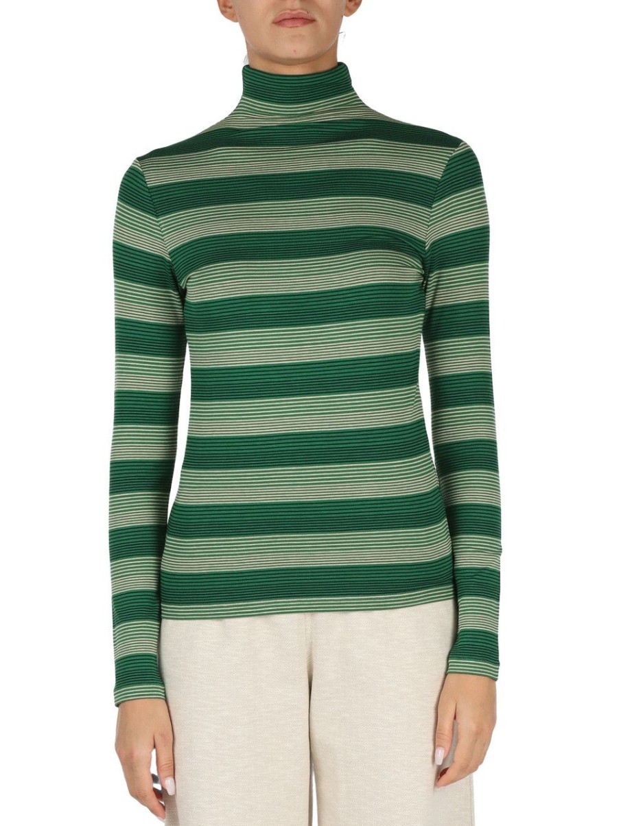 Donna NIÙ | T-Shirt Collo Alto In Viscosa Stretch A Righe Verde