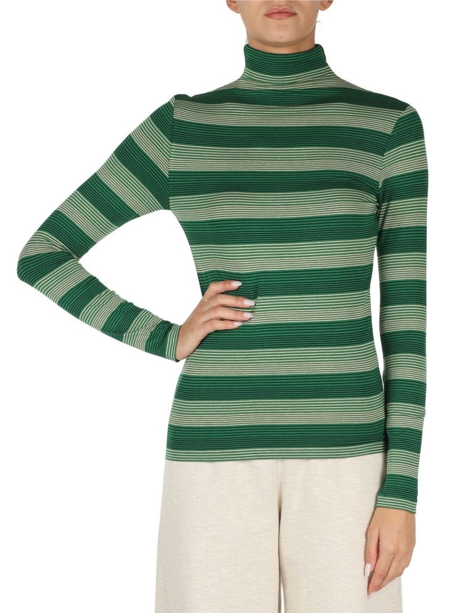 Donna NIÙ | T-Shirt Collo Alto In Viscosa Stretch A Righe Verde