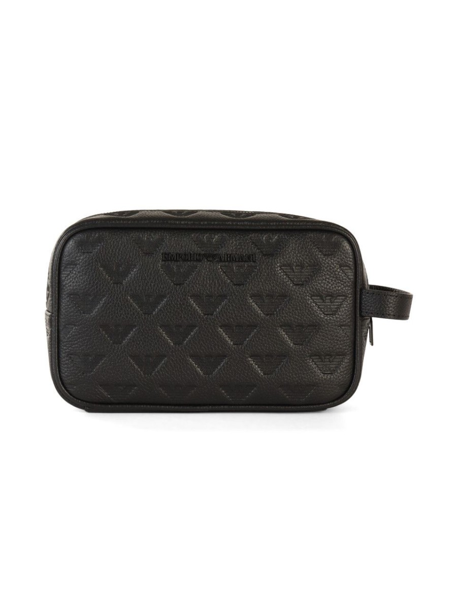 Uomo EMPORIO ARMANI | Beauty Case In Pelle Con Logo Impresso Nero