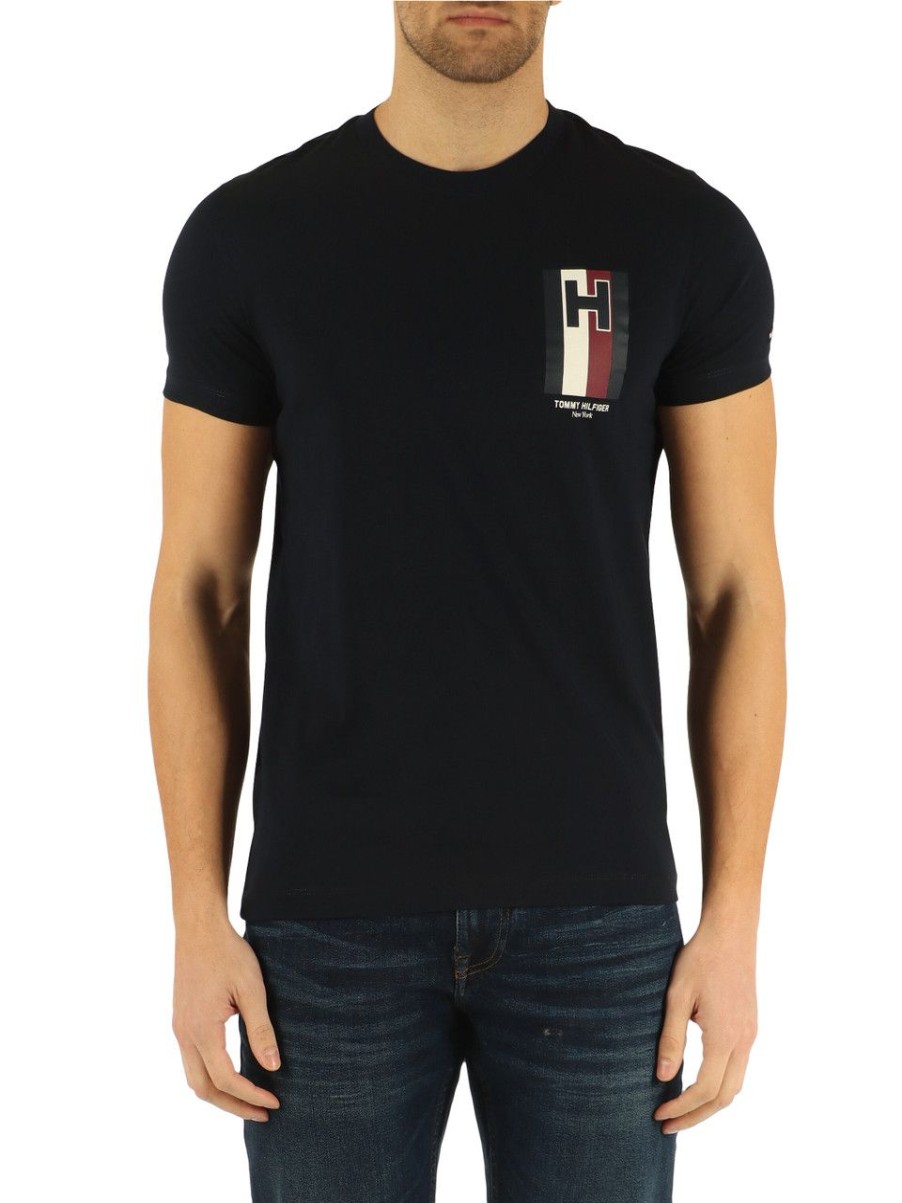 Uomo TOMMY HILFIGER | T-Shirt Slim Fit In Cotone Con Stampa Logo Frontale Blu Scuro