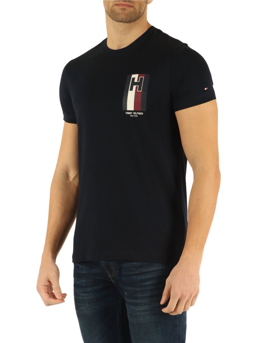 Uomo TOMMY HILFIGER | T-Shirt Slim Fit In Cotone Con Stampa Logo Frontale Blu Scuro