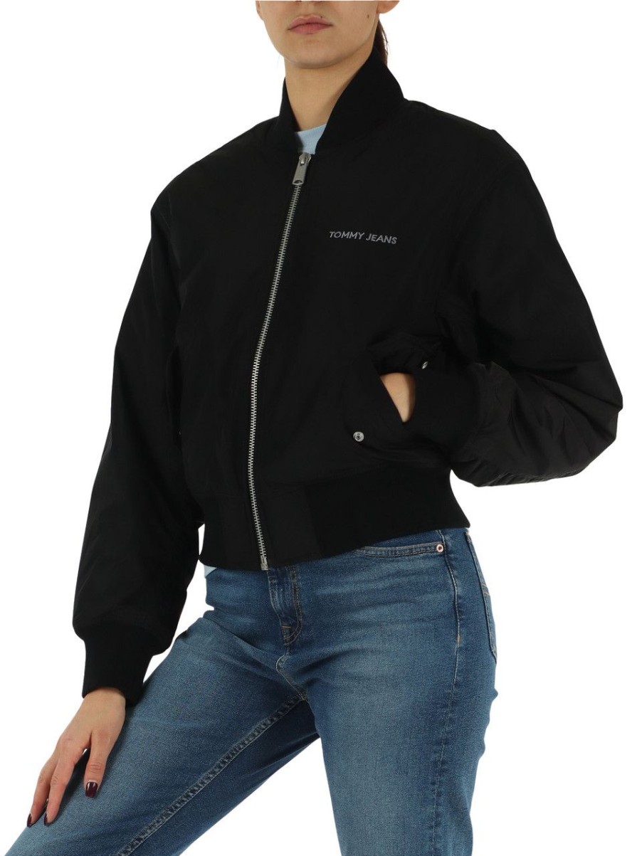 Donna TOMMY JEANS | Giubbino Bomber Con Ricamo Logo Frontale Nero