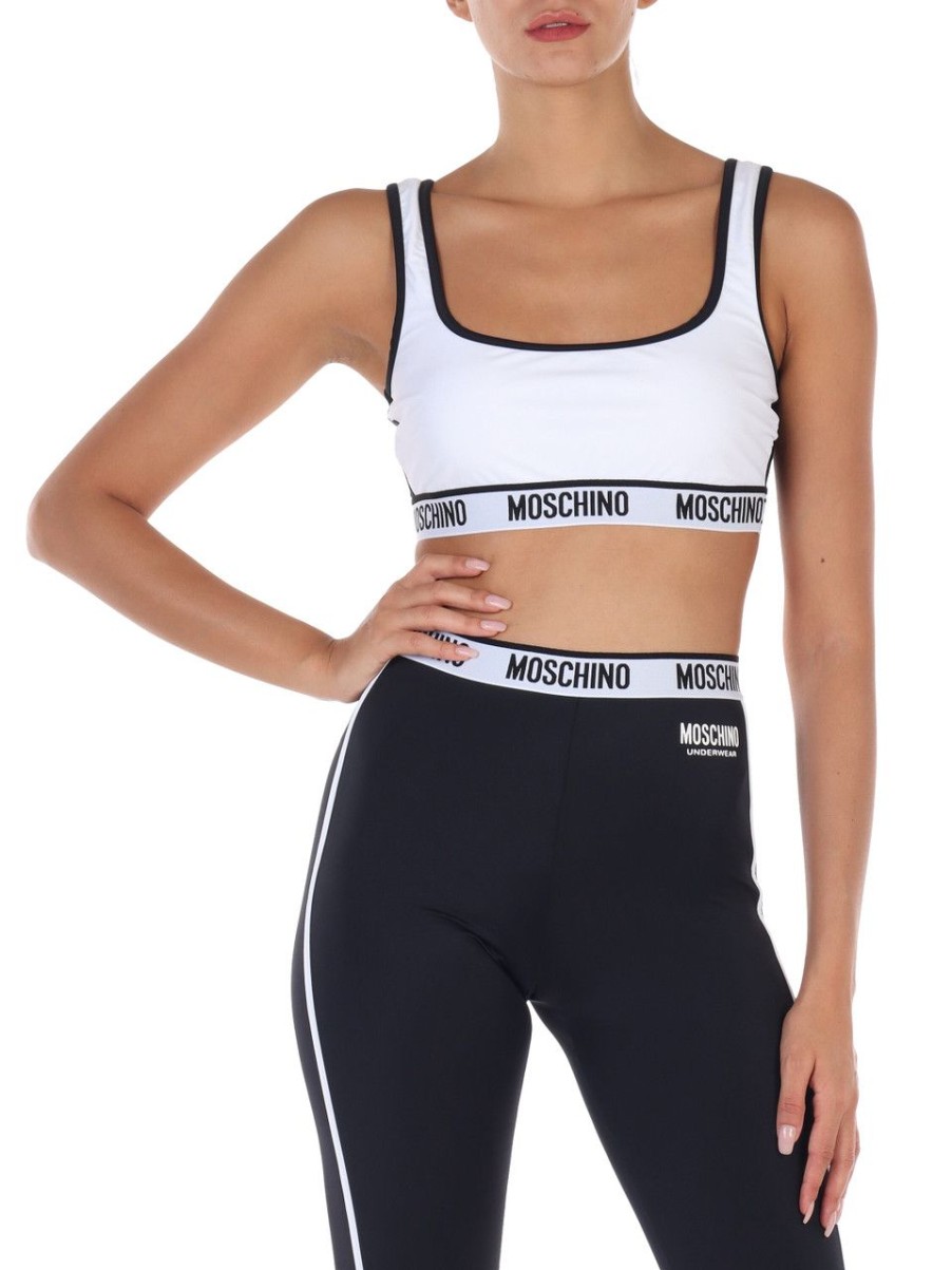 Donna MOSCHINO UNDERWEAR | Top In Tessuto Stretch Con Inserto Stampa Logo Bianco/Nero