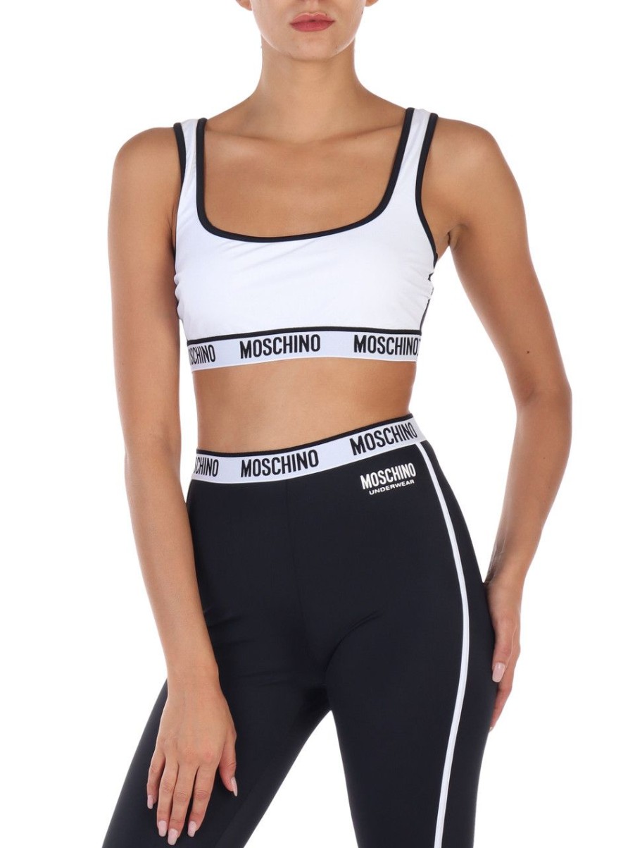 Donna MOSCHINO UNDERWEAR | Top In Tessuto Stretch Con Inserto Stampa Logo Bianco/Nero