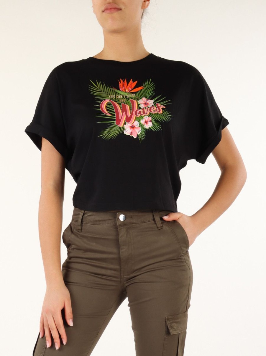 Donna GUESS | T-Shirt In Cotone E Modal Con Nodo Sul Retro Nero