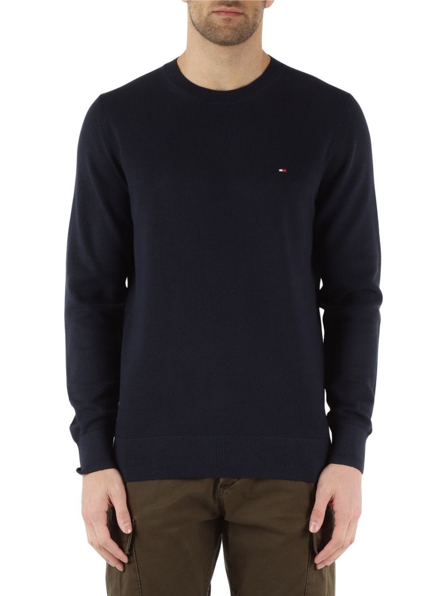 Uomo TOMMY HILFIGER | Maglia Girocollo In Cotone Con Ricamo Logo Blu Scuro