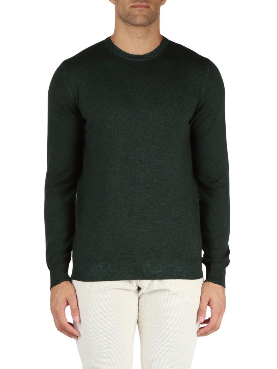 Uomo FAMA | Luxury: Maglia Girocollo In Lana Vergine Merino Extrafine Verde Scuro