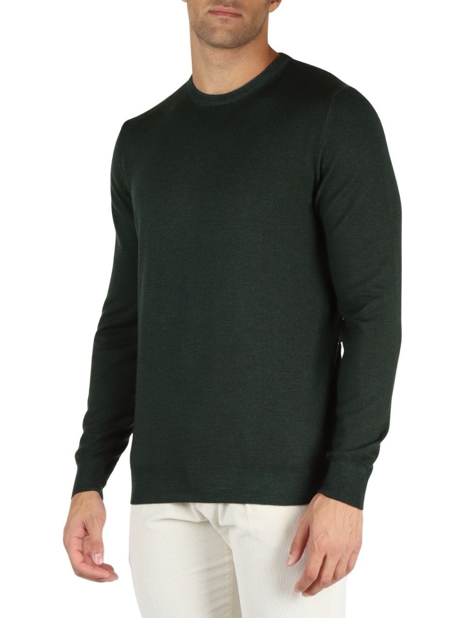 Uomo FAMA | Luxury: Maglia Girocollo In Lana Vergine Merino Extrafine Verde Scuro