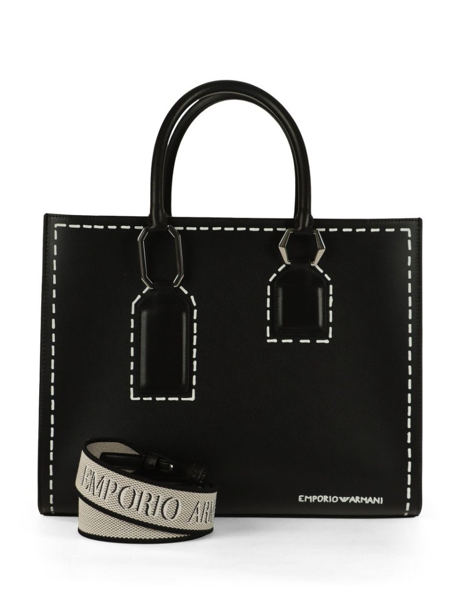 Donna EMPORIO ARMANI | Borsa A Mano Grande Con Stampa Effetto Trompe L'Oeil Nero