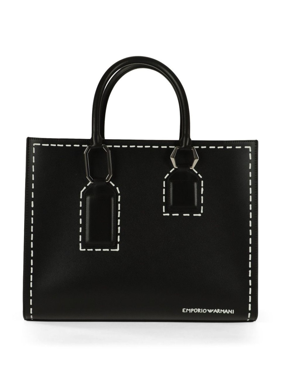 Donna EMPORIO ARMANI | Borsa A Mano Grande Con Stampa Effetto Trompe L'Oeil Nero