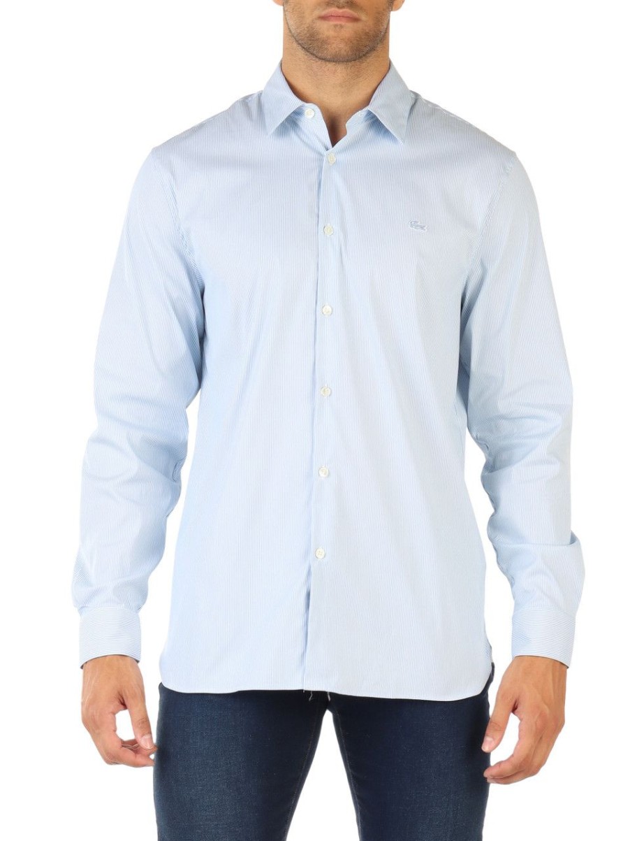 Uomo LACOSTE | Camicia A Righe Slim Fit In Misto Cotone Celeste