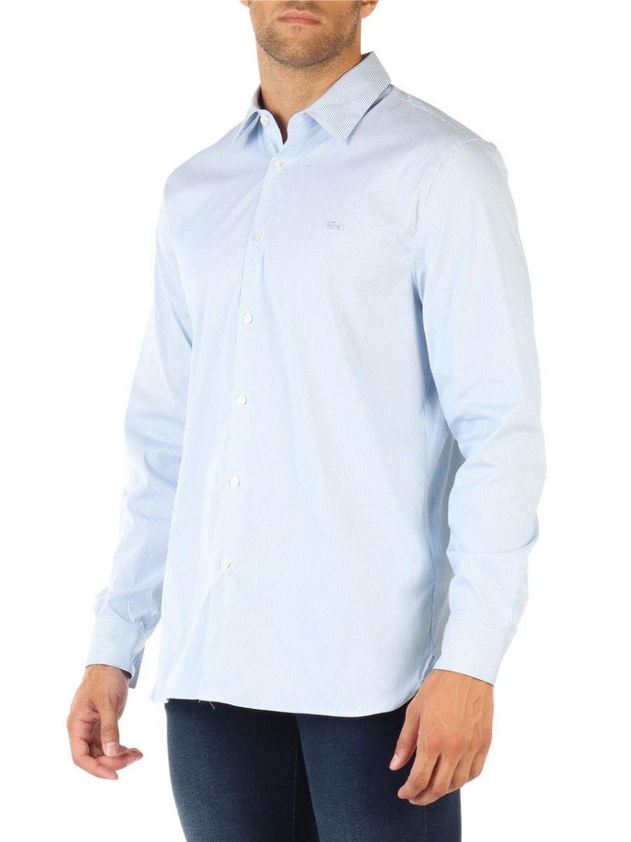 Uomo LACOSTE | Camicia A Righe Slim Fit In Misto Cotone Celeste