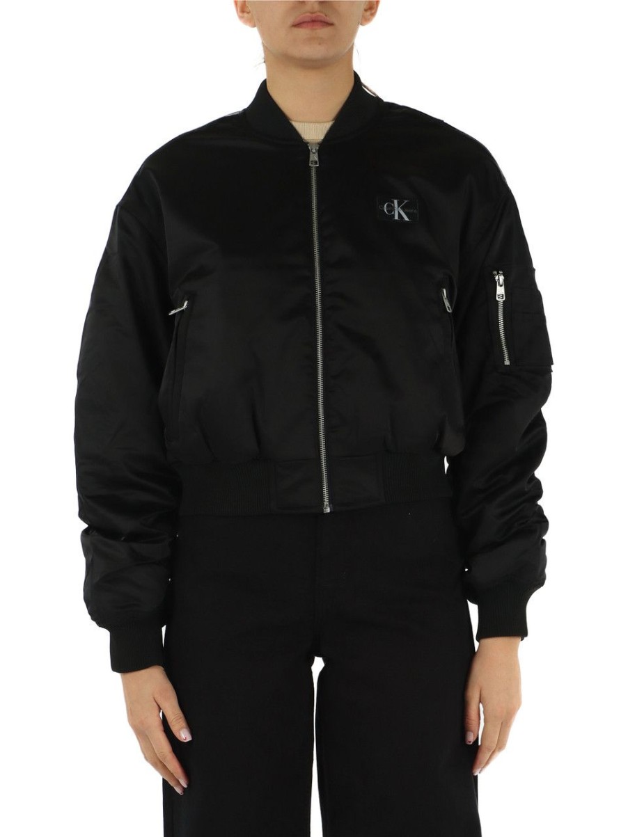 Donna CALVIN KLEIN JEANS | Bomber Cropped Drappeggiato In Tessuto Satin Nero