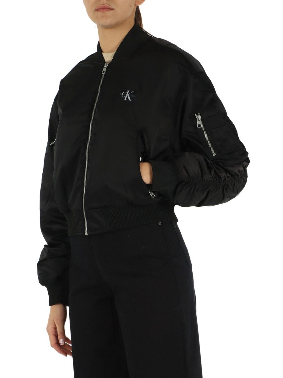 Donna CALVIN KLEIN JEANS | Bomber Cropped Drappeggiato In Tessuto Satin Nero