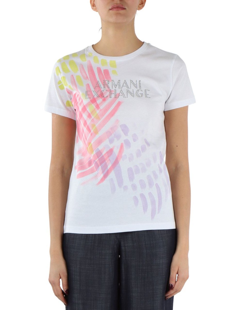 Donna ARMANI EXCHANGE | T-Shirt In Cotone Con Scritta Logo In Strass Bianco